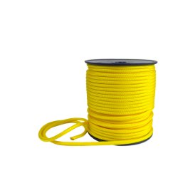 Produktbild av Paracord Gul 4mm x 40m. Närbild på den slitstarka flätningen och kärntrådarna.