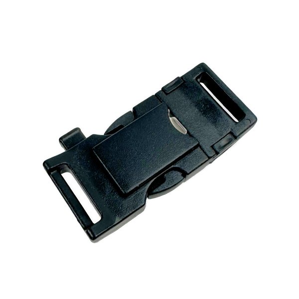 Multifunktionellt paracord-spänne i svart med inbyggd kompass, tändstift, temperaturvisare, visselpipa och avtagbart multiverkty