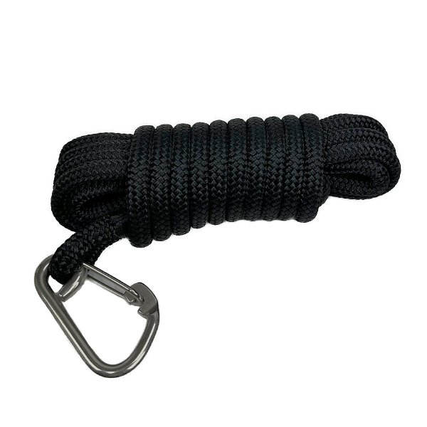 Närbild av den rostfria spärrhaken och den täta flätningen, som visar repets slitstyrka och högkvalitativa konstruktion.